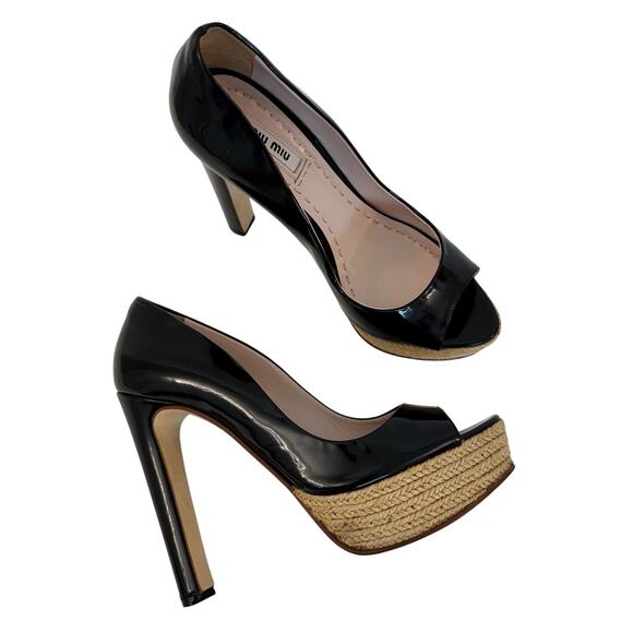 Miu Miu Patent Leather Pump Braided Jute Platform Sandals Shoes Black 36.5 US6.5 - Picture 1 of 12